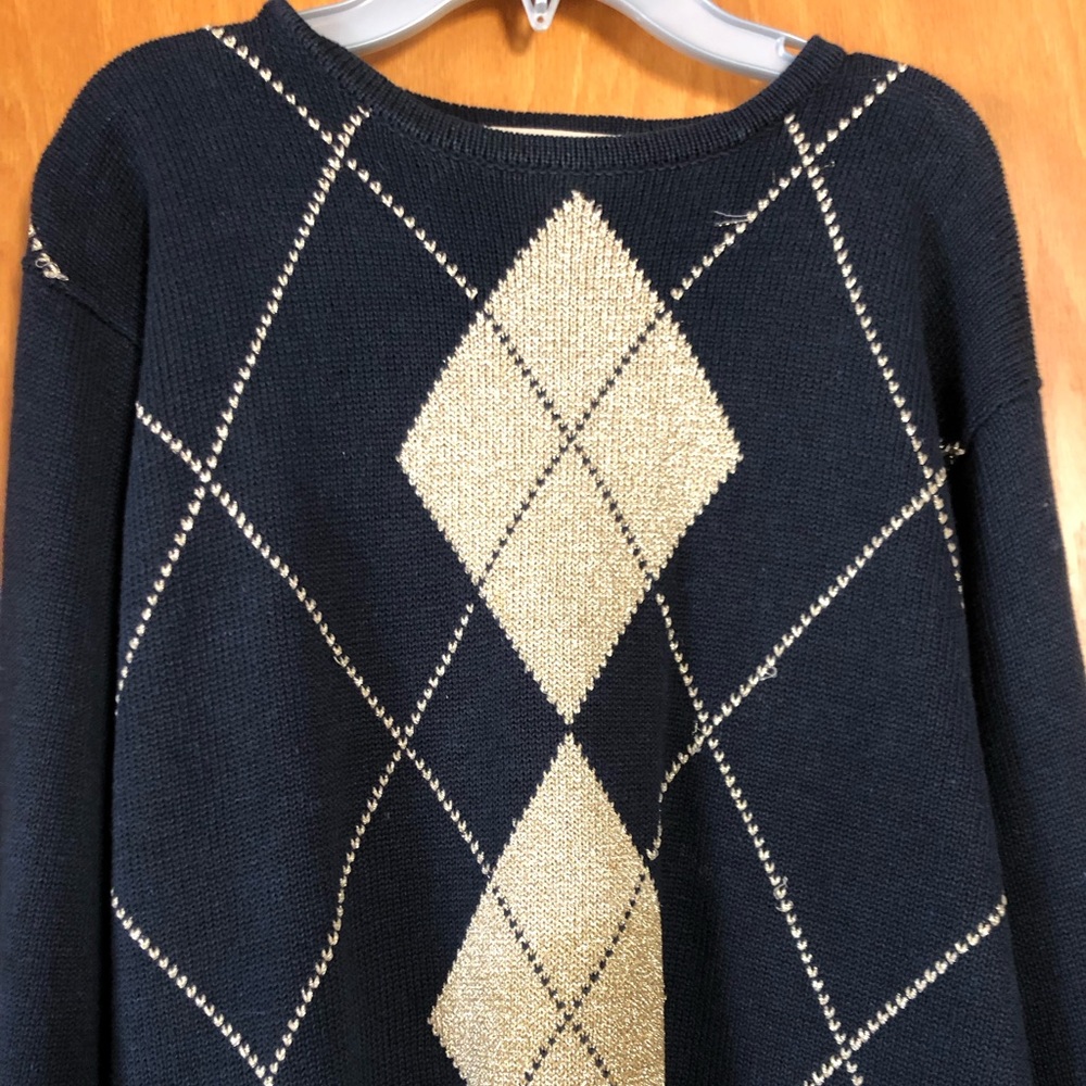 Dark blue Sweater with Shimmery Gold argyle pattern